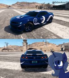 Size: 956x1080 | Tagged: safe, artist:kiwipone, artist:snowy starshine, derpibooru import, oc, oc:midnight music, pony, unicorn, airfield, car, horn, looking up, mountain, mountain range, need for speed, sky