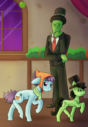 Size: 1008x1448 | Tagged: safe, artist:destiny_manticor, derpibooru import, oc, oc:anon, oc:anon filly, earth pony, human, pony, g4, background pony, chimney sweep, clothes, commission, ears, eyebrows, female, filly, floppy ears, foal, hand on chin, handkerchief, hat, human male, looking around, looking at someone, male, mare, necktie, question mark, raised eyebrow, shoes, smiling, sooty sweeps, suit, top hat, trio, walking