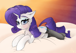 Size: 2128x1472 | Tagged: safe, artist:raritymylove, derpibooru import, rarity, pony, g4, bedroom eyes, blushing, chest fluff, clothes, cloud, ear fluff, ears, floppy ears, looking at you, lying down, smiling, smiling at you, socks, solo, sunset, thigh highs