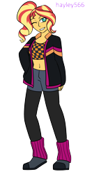 Size: 1332x2740 | Tagged: safe, artist:hayley566, derpibooru import, sunset shimmer, equestria girls, g4, 80s, 80s hair, alternate hairstyle, belly, belly button, boots, clothes, commission, female, grin, jacket, leather, leather jacket, leg warmers, midriff, one eye closed, shoes, short shirt, shorts, simple background, smiling, solo, stockings, thigh highs, transparent background, wink