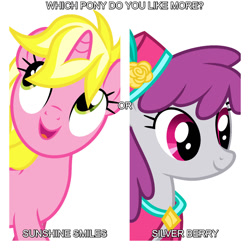 Size: 1080x1080 | Tagged: safe, artist:cloudy glow, derpibooru import, edit, editor:jaredking779, silver berry, sunshine smiles, earth pony, pony, unicorn, g4, background pony, duo, duo female, female, horn, mare, open mouth, question, simple background, smiling, white background