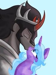 Size: 1620x2160 | Tagged: safe, artist:amanecerlobo, derpibooru import, king sombra, radiance, radiant hope, crystal pony, pony, unicorn, g4, crystal unicorn, duo, eye clipping through hair, female, horn, kissing, love, male, romance, ship:hopebra, shipping, straight