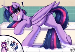 Size: 2500x1750 | Tagged: safe, artist:shadowreindeer, derpibooru import, princess cadance, shining armor, twilight sparkle, twilight sparkle (alicorn), alicorn, pony, unicorn, g4, bathroom, bathtub, blush lines, blushing, butt, dock, embarrassed, exclamation point, eye clipping through hair, eyebrows, featureless crotch, female, folded wings, frog (hoof), frown, glare, gritted teeth, head lump, horn, looking at you, looking back, looking back at you, male, mare, plot, question mark, raised eyebrow, stallion, startled, tail, teeth, twibutt, unamused, underhoof, we don't normally wear clothes, wet, wings