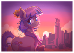 Size: 2880x2061 | Tagged: safe, artist:bkiltersot, derpibooru import, coco pommel, earth pony, pony, g4, blue eyes, city, cityscape, eyebrows, eyebrows visible through hair, female, high res, looking at you, manehattan, mare, passepartout, scenery, solo, sunset