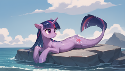 Size: 3840x2176 | Tagged: safe, ai content, derpibooru import, machine learning generated, twilight sparkle, seapony (g4), g4, cloud, dorsal fin, female, fin, fins, fish tail, flowing mane, flowing tail, generator:tponynai3, horn, looking away, lying down, ocean, prompter:truekry, prone, race swap, rock, scales, seaponified, seapony twilight, sky, solo, species swap, sunlight, tail, wallpaper, water, wet, wet mane