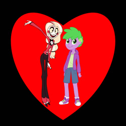 Size: 800x800 | Tagged: safe, derpibooru import, spike, human, equestria girls, g4, charlie morningstar, crack shipping, cringing, crossover, crossover shipping, duo, female, hazbin hotel, hellaverse, human spike, humanized, male, ship:sparlie, shipping, shipping heart, straight