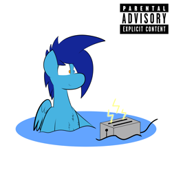 Size: 3000x3000 | Tagged: safe, artist:japkozjad, derpibooru import, oc, oc only, oc:apply, pegasus, cover art, heterochromia, parental advisory, pegasus oc, simple background, solo, sparkles, this will end in death, this will not end well, toaster, water, white background