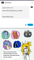 Size: 1169x2050 | Tagged: safe, artist:ask-luciavampire, derpibooru import, nightmare moon, oc, oc:scarlet evening, pony, g4, ask, followers, speech bubble, tumblr, tumblr:ask-rosesociety-vampires