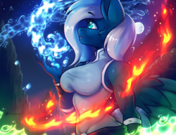 Size: 2600x2000 | Tagged: safe, artist:shad0w-galaxy, derpibooru import, oc, oc only, oc:vivid tone, anthro, pegasus, big breasts, breasts, cheek fluff, chromatic aberration, clothes, earth magic, female, fire magic, high res, magic, mare, moon, night, open mouth, patreon, patreon reward, solo, spell, tree, water magic