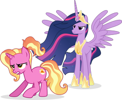 Size: 4859x4001 | Tagged: safe, artist:cirillaq, derpibooru import, luster dawn, princess twilight 2.0, twilight sparkle, twilight sparkle (alicorn), alicorn, pony, unicorn, g4, crown, duo, duo female, ethereal mane, ethereal tail, female, height difference, hoof shoes, horn, jewelry, mare, older, older twilight, older twilight sparkle (alicorn), peytral, physique difference, princess shoes, regalia, simple background, slender, sparkly mane, sparkly tail, spread wings, tail, tall, thin, transparent background, vector, wings