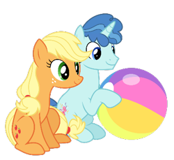 Size: 413x379 | Tagged: safe, derpibooru import, edit, applejack, party favor, earth pony, pony, unicorn, g4, ball, crack shipping, duo, duo male and female, female, horn, male, mare, missing accessory, partyjack, shipping, simple background, sitting, sitting together, stallion, straight, transparent background, vector, vector edit