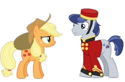 Size: 1000x660 | Tagged: safe, derpibooru import, edit, applejack, welcome inn, earth pony, pony, g4, bag, bellhop pony, crack shipping, duo, duo male and female, female, hat, male, mare, ship:appleinn, shipping, simple background, stallion, straight, transparent background, vector, vector edit