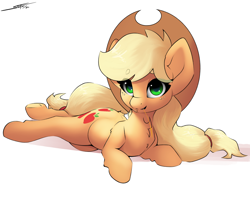 Size: 3000x2500 | Tagged: safe, artist:skitsroom, derpibooru import, applejack, earth pony, pony, g4, applejack's hat, chest fluff, clothes, cowboy hat, cute, female, freckles, hat, jackabetes, lying down, mare, simple background, solo, straw in mouth, underhoof, white background