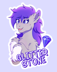 Size: 1963x2474 | Tagged: safe, artist:autumnsfur, derpibooru import, oc, oc only, oc:glitter stone, earth pony, pony, artwork, badge, blue background, blue eyes, blushing, bust, coat markings, con badge, diamond, diamond cutie mark, digital art, ear fluff, ears, eyelashes, eyeshadow, female, fluffy, gray coat, gray fur, grey fur, happy, high res, long hair, long mane, looking up, makeup, mare, name, open mouth, outline, ponysona, portrait, purple ears, purple eyes, purple hair, purple mane, raised hoof, raised leg, remake, simple background, socks (coat marking), solo, text, white outline