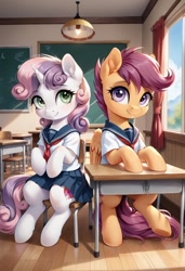 Size: 800x1169 | Tagged: safe, ai content, derpibooru import, generator:pony diffusion v6 xl, generator:stable diffusion, machine learning generated, scootaloo, sweetie belle, pegasus, pony, semi-anthro, unicorn, g4, clothes, duo, duo female, female, filly, foal, horn, mare, prompter:gregorymars, school, school uniform, sitting, skirt, table