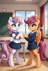 Size: 800x1169 | Tagged: safe, ai content, derpibooru import, generator:pony diffusion v6 xl, generator:stable diffusion, machine learning generated, scootaloo, sweetie belle, pegasus, pony, semi-anthro, unicorn, g4, bipedal, clothes, duo, duo female, female, filly, foal, horn, mare, prompter:gregorymars, school, school uniform, skirt, standing, table