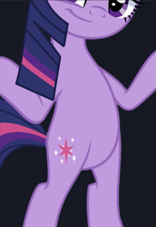 Size: 603x874 | Tagged: safe, artist:savage-bases, artist:twilyisbestpone, derpibooru import, edit, twilight sparkle, unicorn twilight, pony, unicorn, g4, belly, bipedal, cropped, looking at you, pictures of bellies, round belly, shrug, smiling, solo