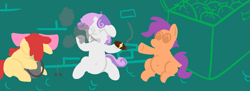 Size: 1543x560 | Tagged: safe, artist:pylony, derpibooru import, apple bloom, scootaloo, sweetie belle, earth pony, pegasus, pony, unicorn, g4, belly, belly button, bucket, cigar, cutie mark crusaders, dumpster, female, filly, foal, group, horn, limited palette, missing cutie mark, nausea, sitting, smoking, trio, trio female