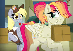 Size: 1280x891 | Tagged: safe, artist:faitheverlasting, derpibooru import, derpy hooves, oc, oc:faith everlasting, pegasus, pony, g4, clothes, duo, duo female, envelope, female, hair over one eye, hat, letter, looking at each other, looking at someone, looking back, mailmare, mailmare hat, mailmare uniform, mare, mouth hold, package, ponytail, post office, smiling, smiling at each other, uniform, wax seal, ych example, your character here