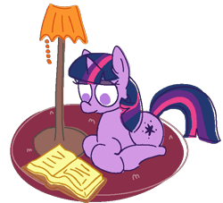 Size: 630x572 | Tagged: safe, artist:pylony, derpibooru import, twilight sparkle, unicorn twilight, pony, unicorn, g4, book, horn, lamp, lying down, no pupils, pixel-crisp art, ponyloaf, prone, reading, rug, simple background, solo, style emulation, transparent background