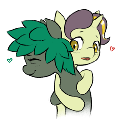 Size: 665x665 | Tagged: safe, artist:multiverseequine, derpibooru exclusive, derpibooru import, oc, oc only, oc:golden trim, oc:minus, earth pony, pony, unicorn, best friends, birthday, blushing, colored, colt, duo, earth pony oc, eyes closed, foal, happy, heart, horn, hug, male, multicolored hair, simple background, smiling, transparent background, unicorn oc, upper body