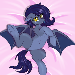 Size: 2590x2600 | Tagged: safe, artist:marbatra, derpibooru import, oc, oc only, oc:lyric nightfall, bat pony, pony, bat pony oc, bed, belly, belly button, blue tongue, butt, chest fluff, dock, ear fluff, ears, fangs, featureless crotch, female, frog (hoof), looking at you, lying down, mare, on back, on bed, plot, solo, spread legs, spreading, tail, tongue, tongue out, underhoof, wings