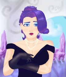 Size: 736x858 | Tagged: safe, artist:oli_polil, derpibooru import, rarity, human, equestria girls, g4, alternate hairstyle, breasts, clothes, dress, eyeshadow, fanart, female, gloves, humanized, jewelry, lipstick, makeup, necklace, solo