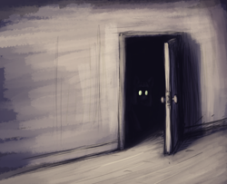 Size: 2550x2070 | Tagged: safe, artist:t72b, derpibooru import, pony, dark, door, doorway, female, glowing, glowing eyes, indoors, limited palette, mare, shadow