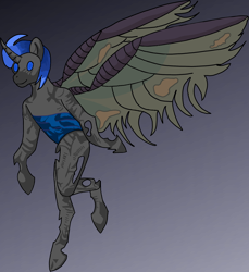 Size: 1898x2068 | Tagged: safe, artist:tiska, derpibooru import, oc, oc only, oc:gestmis, changeling, pony, semi-anthro, blue mane, gradient background, grey body, large wings, solo, wings