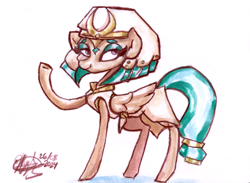 Size: 4206x3072 | Tagged: safe, artist:mannybcadavera, derpibooru import, somnambula, pegasus, pony, g4, egyptian, egyptian headdress, egyptian pony, eyeliner, female, high res, lidded eyes, makeup, mare, signature, simple background, solo, waving, waving at you, white background