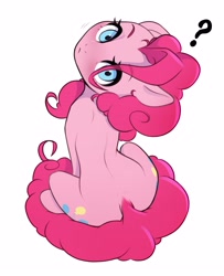 Size: 3304x4072 | Tagged: safe, artist:captainpudgemuffin, derpibooru import, pinkie pie, earth pony, pony, g4, both cutie marks, cute, diapinkes, eyebrows, eyebrows visible through hair, female, head tilt, looking at you, looking back, looking back at you, looking up, looking up at you, mare, question mark, simple background, sitting, sitting on tail, solo, tail, white background