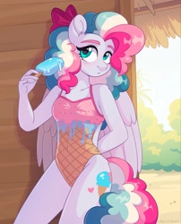 Size: 1658x2048 | Tagged: safe, artist:skysorbett, derpibooru import, oc, oc:sky sorbet, anthro, pegasus, pony, anthro oc, clothes, female, food, food swimsuit, ice cream, one-piece swimsuit, outdoors, pegasus oc, solo, summer, swimsuit, wings