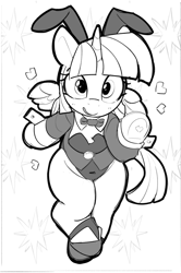 Size: 1809x2728 | Tagged: safe, artist:pabbley, derpibooru import, twilight sparkle, twilight sparkle (alicorn), alicorn, pony, g4, belly, belly button, bipedal, black and white, bowtie, bunny suit, clothes, female, grayscale, hoof heart, leotard, looking at you, magician outfit, mare, monochrome, patterned background, smiling, smiling at you, solo, underhoof, wide hips