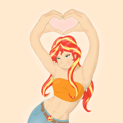 Size: 4096x4096 | Tagged: safe, alternate version, artist:applelord, derpibooru import, sunset shimmer, human, equestria girls, g4, bare shoulders, bedroom eyes, belly, belly button, belt, belt buckle, clothes, curvy, denim, heart hands, hourglass figure, humanized, jeans, looking at you, midriff, pants, simple background, smiling, smiling at you, solo, tube top