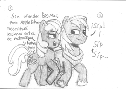 Size: 1681x1184 | Tagged: safe, artist:rosa ushiromiya, derpibooru import, big macintosh, cheerilee, earth pony, pony, g4, cheerimac, female, implied apple bloom, male, mare, monochrome, shipping, spanish, stallion, straight, traditional art, walking