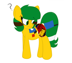 Size: 1150x1000 | Tagged: safe, artist:jerkface, derpibooru import, oc, oc only, oc:blocky bits, earth pony, pony, brick booty, confused, eyebrows, eyebrows visible through hair, female, forced meme, lego, looking back, mare, meme, question mark, simple background, solo, white background