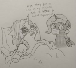 Size: 2895x2608 | Tagged: safe, artist:jargon scott, derpibooru import, oc, oc only, oc:dyx, oc:nyx, alicorn, pony, bed, breathing tube, duo, duo female, face mask, female, filly, foal, grayscale, hospital bed, implied catheter, lying down, mask, monochrome, on back, open mouth, pencil drawing, siblings, sisters, solo, traditional art, underhoof, vulgar