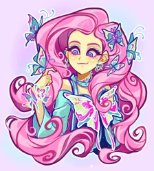 Size: 1832x2048 | Tagged: safe, artist:libbly_libby, derpibooru import, fluttershy, butterfly, human, equestria girls, g4, female, long hair, makeup, outline, smiling, solo, white outline