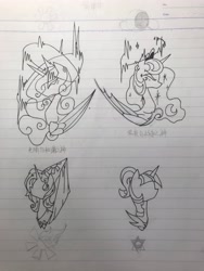 Size: 3024x4032 | Tagged: safe, artist:jess181307, derpibooru import, princess celestia, twilight sparkle, alicorn, pony, g4, chinese, concept, female, lined paper, mare, pencil drawing, photo, sketch, traditional art