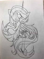 Size: 3024x4032 | Tagged: safe, artist:jess181307, derpibooru import, starlight glimmer, pony, unicorn, g4, eyes closed, horn, monochrome, pen drawing, photo, sketch, smiling, solo, traditional art