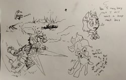 Size: 2048x1306 | Tagged: safe, artist:pony quarantine, derpibooru import, applejack, oc, oc:dyx, alicorn, earth pony, pony, robot, robot pony, g4, boop request, bust, dialogue, female, filly, foal, mare, pen drawing, sunglasses, traditional art