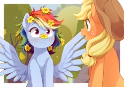 Size: 2048x1447 | Tagged: safe, artist:applesartt, derpibooru import, applejack, rainbow dash, earth pony, pegasus, pony, g4, appledash, applejack's hat, blushing, clothes, cowboy hat, duo, duo female, female, flower, flower in hair, freckles, hat, lesbian, looking at someone, mare, needs more jpeg, open mouth, outdoors, passepartout, shipping, spread wings, tree, wings