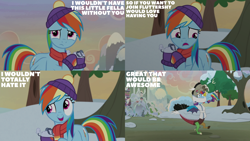 Size: 2000x1125 | Tagged: safe, derpibooru import, edit, edited screencap, editor:quoterific, screencap, discord, rainbow dash, g4, clothes, duo, duo male and female, female, hug, male, my little pony best gift ever, scarf, school of friendship, snow, tree, winterchilla