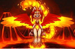 Size: 1000x650 | Tagged: safe, alternate version, artist:shad0w-galaxy, derpibooru import, oc, oc only, oc:ayzat, alicorn, pony, clothes, corrupted, female, fiery wings, fire, glowing, glowing eyes, glowing horn, glowing wings, horn, infinite eclipse, lava, mane of fire, mare, priestess, smiling, smirk, smoke, tail, tail of fire, volcano, wings