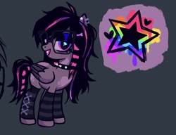 Size: 1614x1238 | Tagged: safe, artist:pichirin0, derpibooru import, oc, oc only, pegasus, pony, black eyeshadow, choker, clothes, colored wings, coontails, ear piercing, eyeshadow, fangs, female, glasses, leg warmers, makeup, mare, multicolored hair, multicolored mane, multicolored tail, multicolored wings, oc name needed, pegasus oc, piercing, ponysona, purple eyes, scene, scene hair, show accurate, solo, spiked choker, striped leg warmers, tail, wings