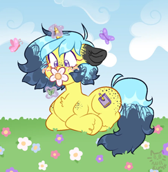 Size: 894x919 | Tagged: safe, artist:nullkunst, derpibooru import, oc, oc only, oc:sharpened pencil, butterfly, pony, unicorn, ambiguous gender, blushing, butt freckles, cloud, cute, ears back, flower, freckles, grass, horn, magic, outdoors, ponysona, sniffing, unicorn oc, unshorn fetlocks