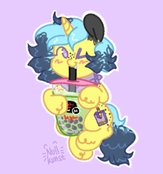 Size: 880x936 | Tagged: safe, artist:nullkunst, derpibooru import, oc, oc only, oc:sharpened pencil, pony, unicorn, ambiguous gender, blushing, bubble tea, cute, cute fangs, drink, drinking, freckles, horn, one eye closed, ponysona, signature, solo, straw in mouth