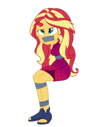 Size: 2000x2813 | Tagged: safe, artist:nie-martw-sie-o-mnie, derpibooru import, sunset shimmer, human, equestria girls, g4, spring breakdown, bondage, bound and gagged, clothes, dress, equestria girls specials, female, femsub, gag, simple background, solo, submissive, subset, tape, tape bondage, tape gag, tied up, transparent background