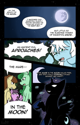 Size: 1600x2480 | Tagged: safe, artist:argent arms, derpibooru import, oc, oc only, oc:argent arms, earth pony, pegasus, pony, unicorn, comic:foeslayer, clothes, comic page, costume, horn, mare in the moon, moon, night, night sky, nightmare night costume, silhouette, sky, speech bubble, stars, unnamed oc