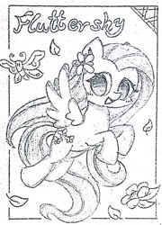 Size: 2156x3000 | Tagged: safe, artist:肝到驾崩, derpibooru exclusive, derpibooru import, fluttershy, butterfly, pegasus, g4, blurry, cute, flower, flying, leaves, monochrome, traditional art, wings, wip